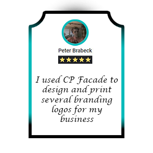 Smiling guy with a 5 star google review talking about CP Facade Logo design work