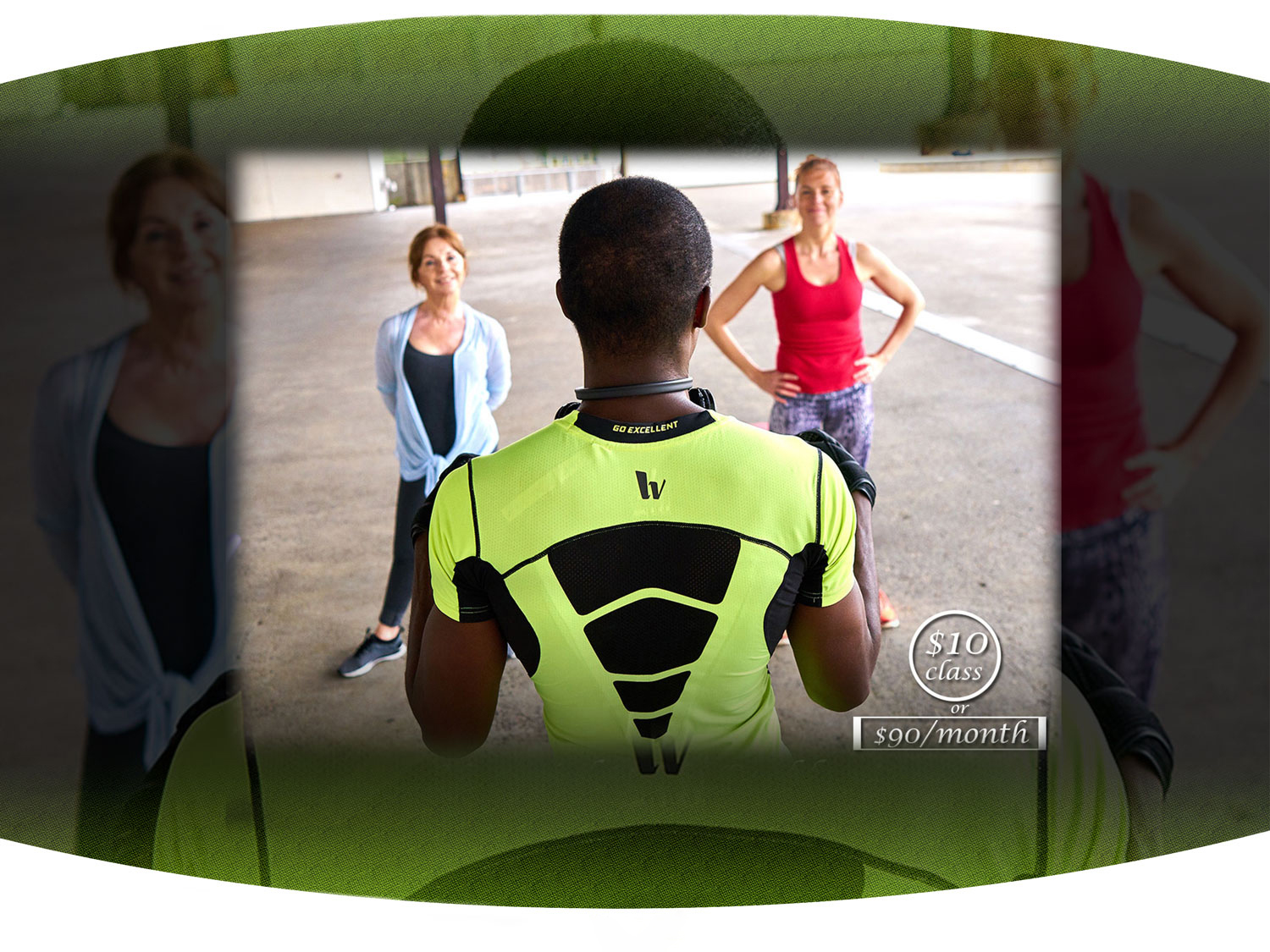 Fitness instructor standing in front of two happy clients