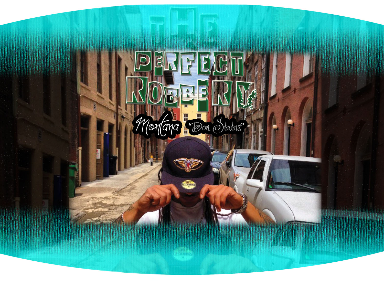 Music Artiist Montana standing in the street with a New Orleans pelicans fitted hat on. With the title for his album The Prefect Robbery behind him