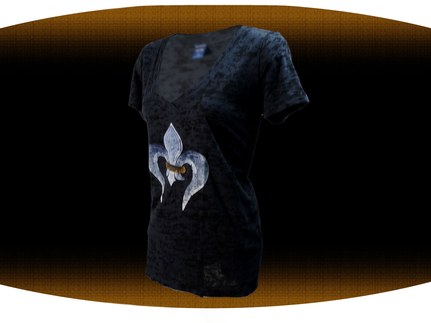 Black burnout screen printed female v-neck with black and gold fleur de lis in the front