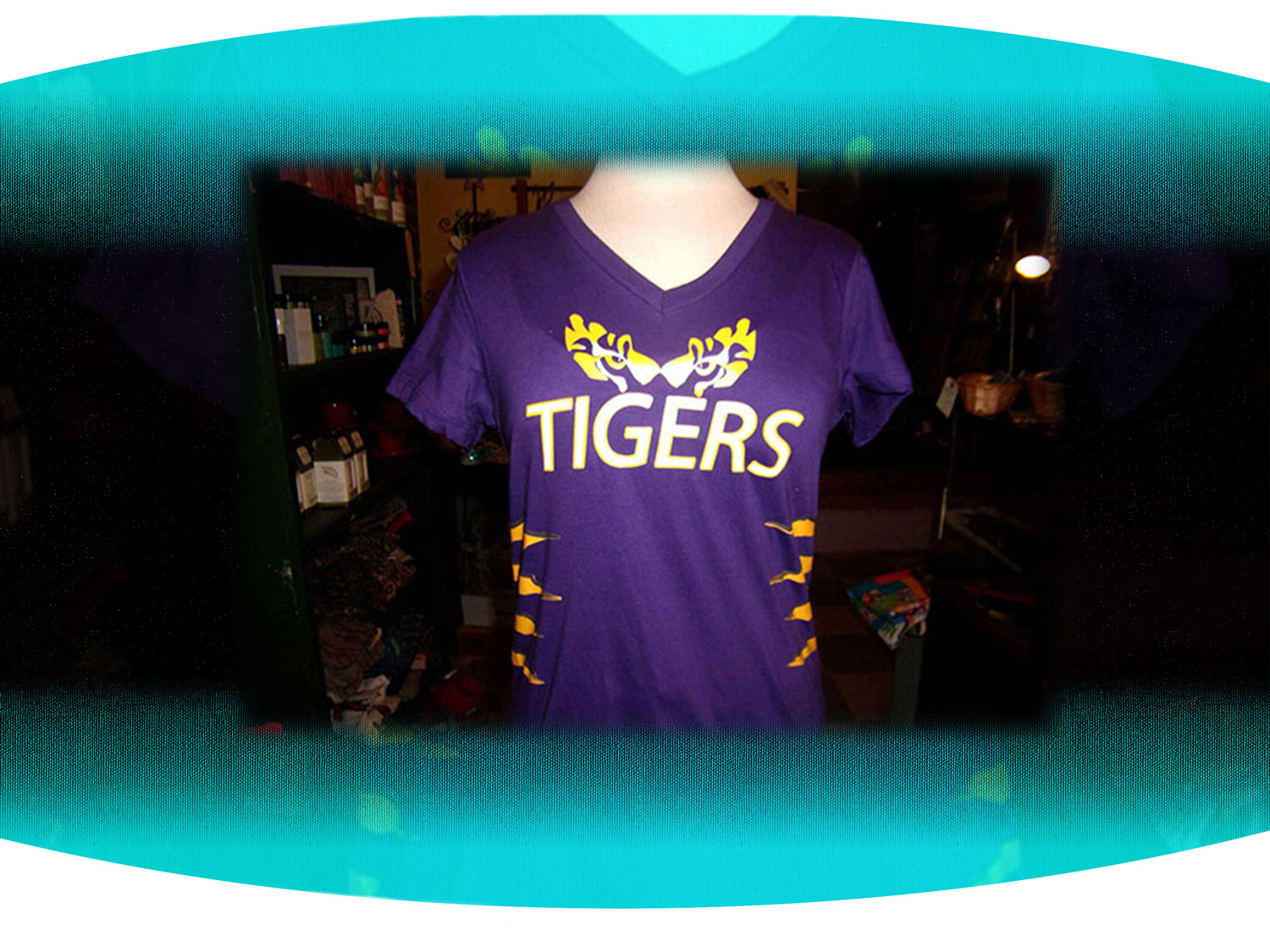 Custom screenprinted purple LSU female v-neck for FFL Tigers