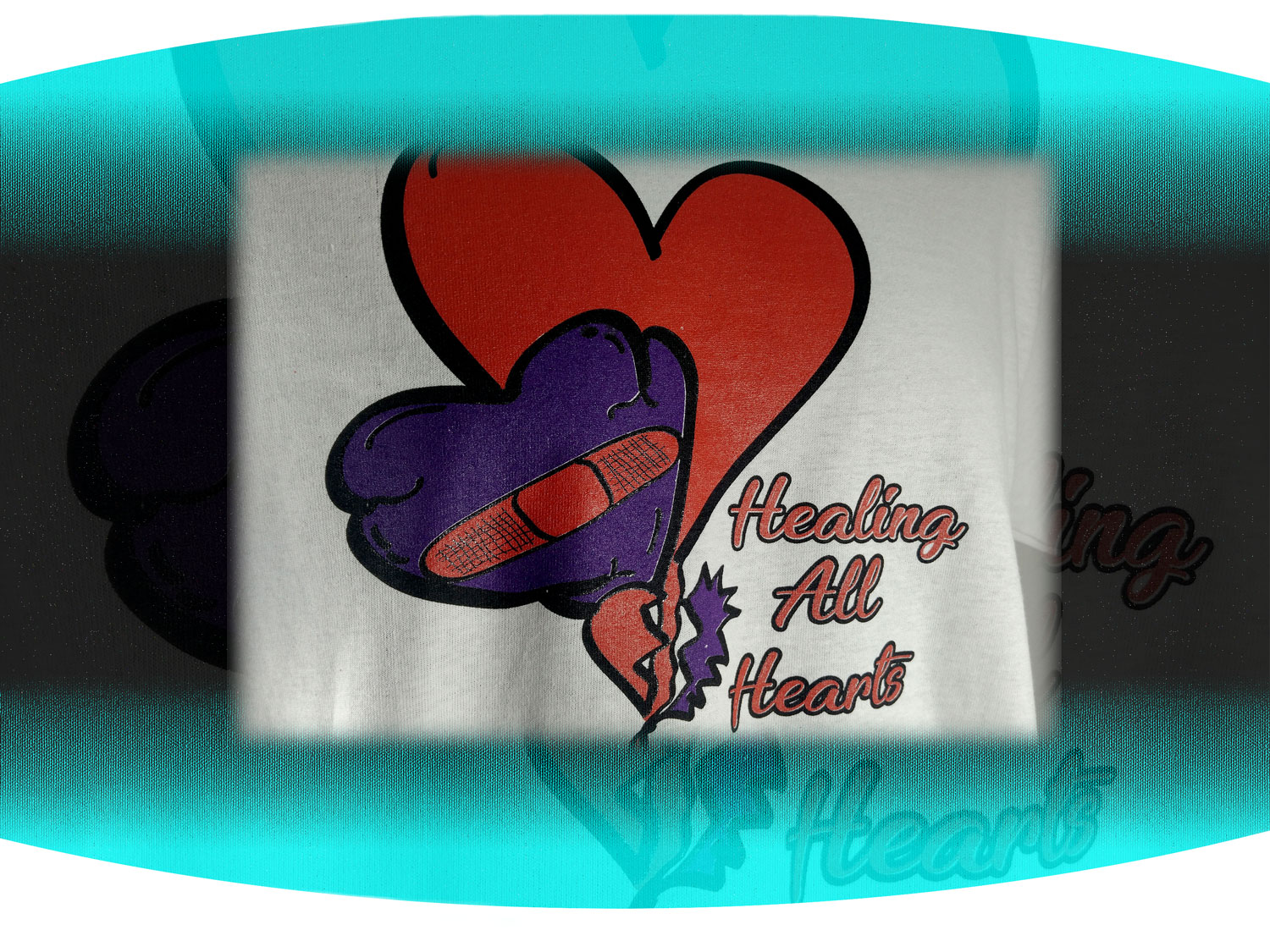 Custom screenprinted white t-shirt with purple and red hearts on the front with the text healing all hearts