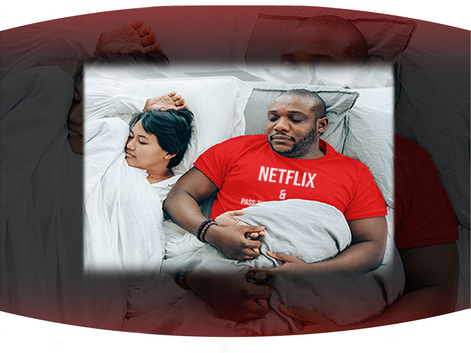 Couple sleeping in bed with the guy wearing red Netflix and chill t-shirt with funny text on the front of it.