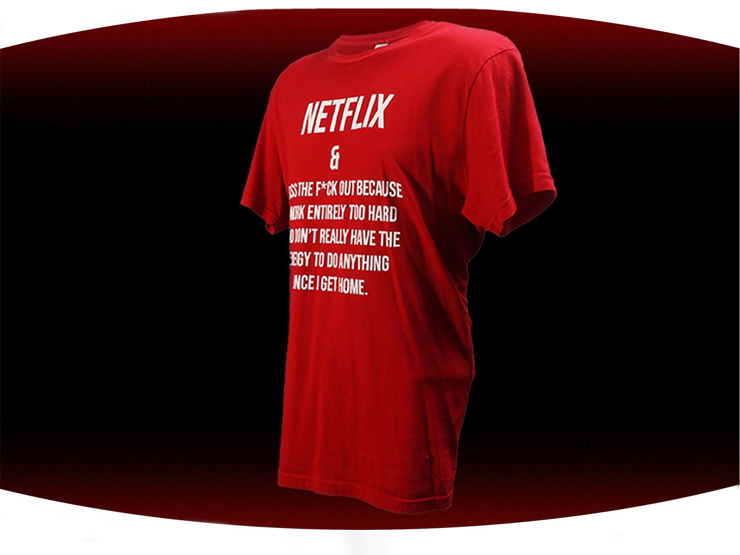 Red screenprinted Netflix and chill t-shirt with funny text on the front of it.