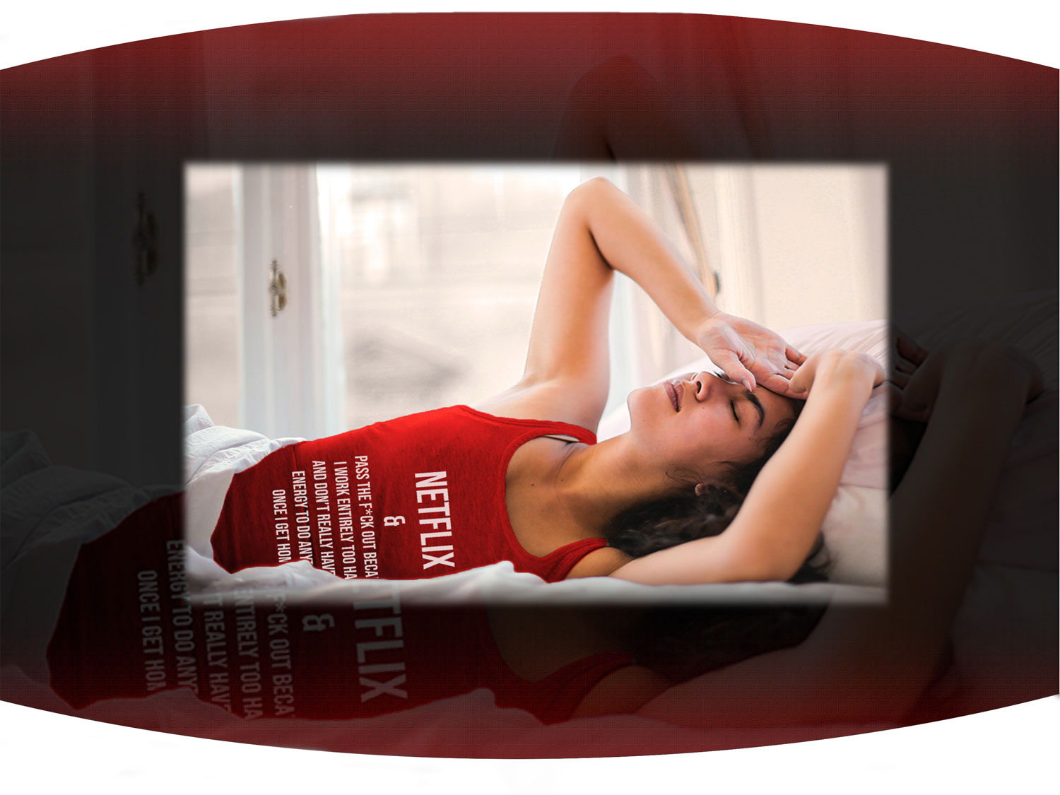 Woman lying in bed wearing red screen printed Netflix and chill tank top with funny text on the front of it.